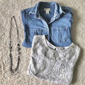 St John's Bay Denim Jacket with Necklace and Lace Top Women’s Size Small